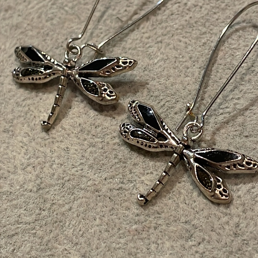 Silver Dragonfly Earrings Loops 2” Silver & Black Lightweight